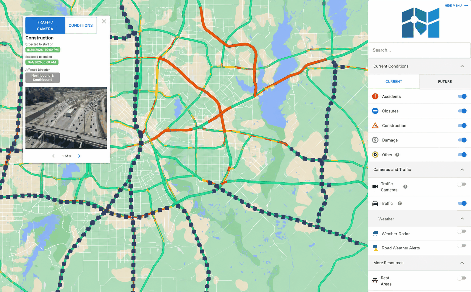 Statewide conditions map with planned construction along corridors, live traffic speeds, and a layer panel including Current Conditions, Cameras and Traffic, and a Weather section with weather radar and road weather alerts.